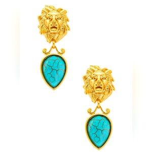 14k Gold Lion Head w/Turquoise Accents Statement Earrings